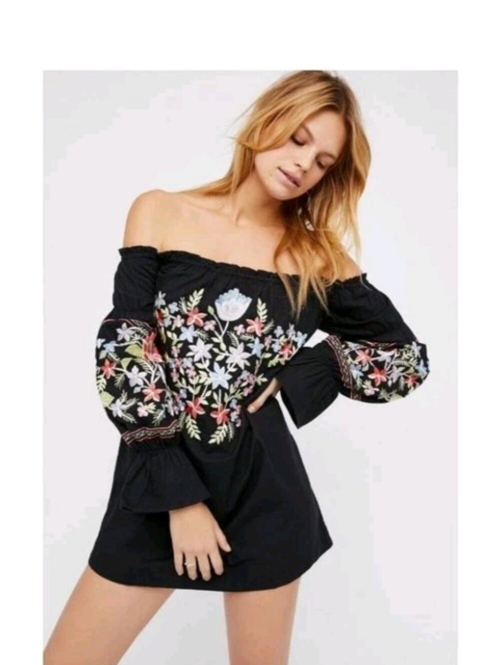 Free People Black Off-Shoulder Embroidered Tunic Women's Size L